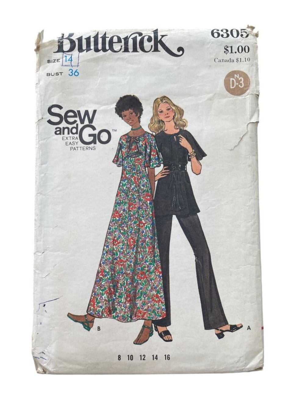 Vintage 70s Butterick 6305 Sewing Pattern Size 14 Misses Dress Tunic Pants CUT